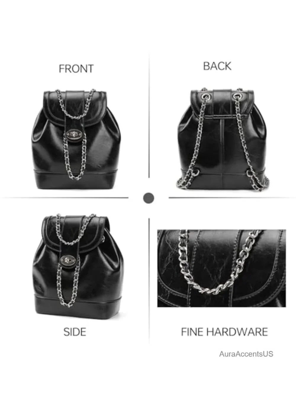Vegan Leather Mini Backpack Purse for Women, 3 Compartments, Chain Drawstring,